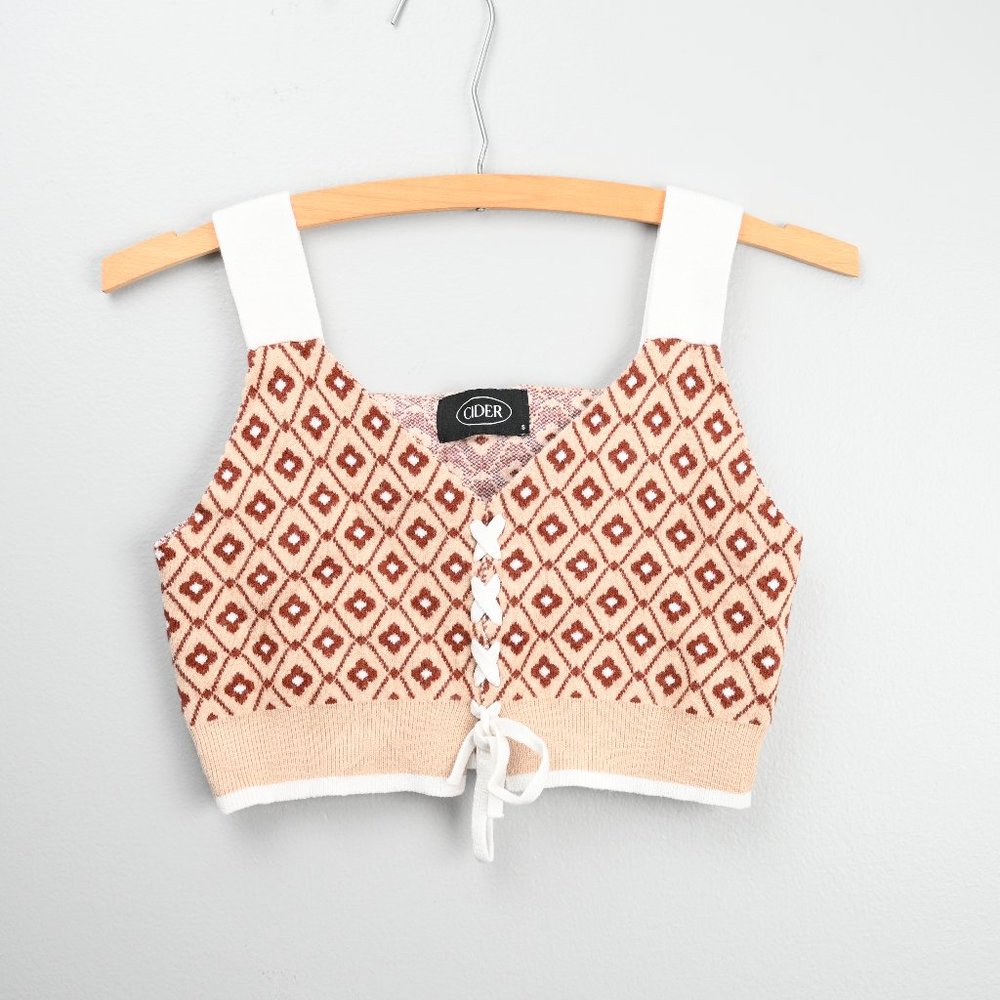 Floral / Geometric Print Cropped Sweater Tank - Sz S - Tie Front